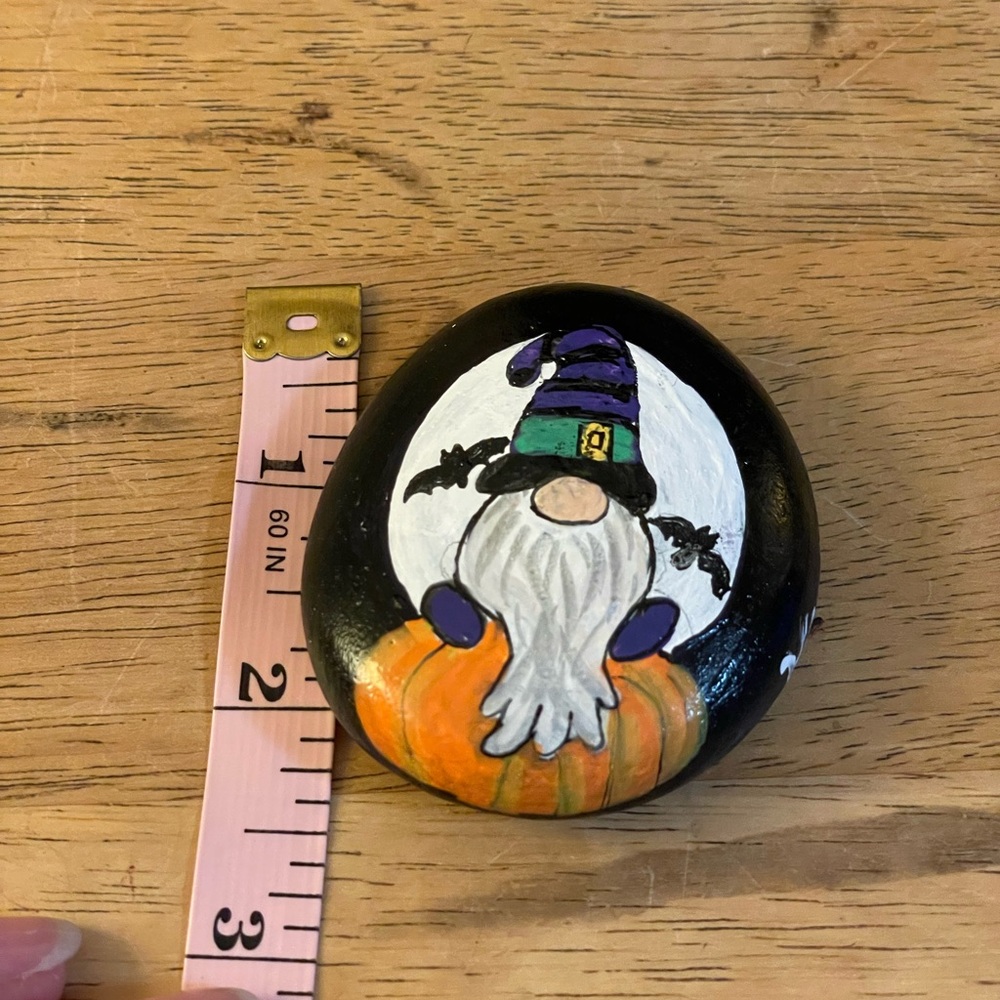 Hand crafted painted Halloween gnome rock white moon orange pumpkin black bats - Picture 6 of 15